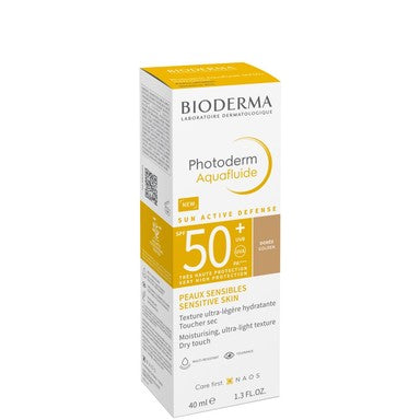 Bioderma Photoderm Aquafluide Хидратиращ слънцезащитен аквафлуид за лице за чувствителна кожа SPF50+ златен цвят х40 мл