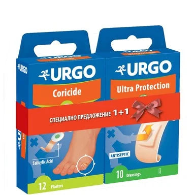 Комплект Urgo Coricide Пластири за премахване на мазоли и кокоши трън х12 броя + Ultra Protection Ултра предпазващи антисептични пластири х10 броя