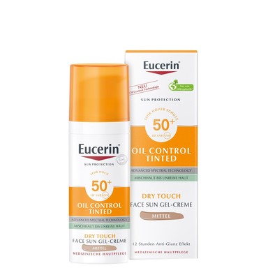 Eucerin Oil Control Tinted Оцветен слънцезащитен гел-крем за мазна и акнеична кожа тъмен нюанс SPF50+ х50 мл