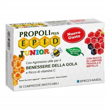 Epid Junior за деца със сок от малини ягоди и боровинки за здраво гърло х30 таблетки за дъвчене Specchiasol