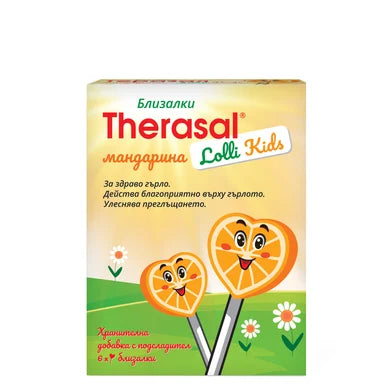 Therasal Lolli Kids Близалки за гърло с вкус на мандарина и подсладител х6 броя